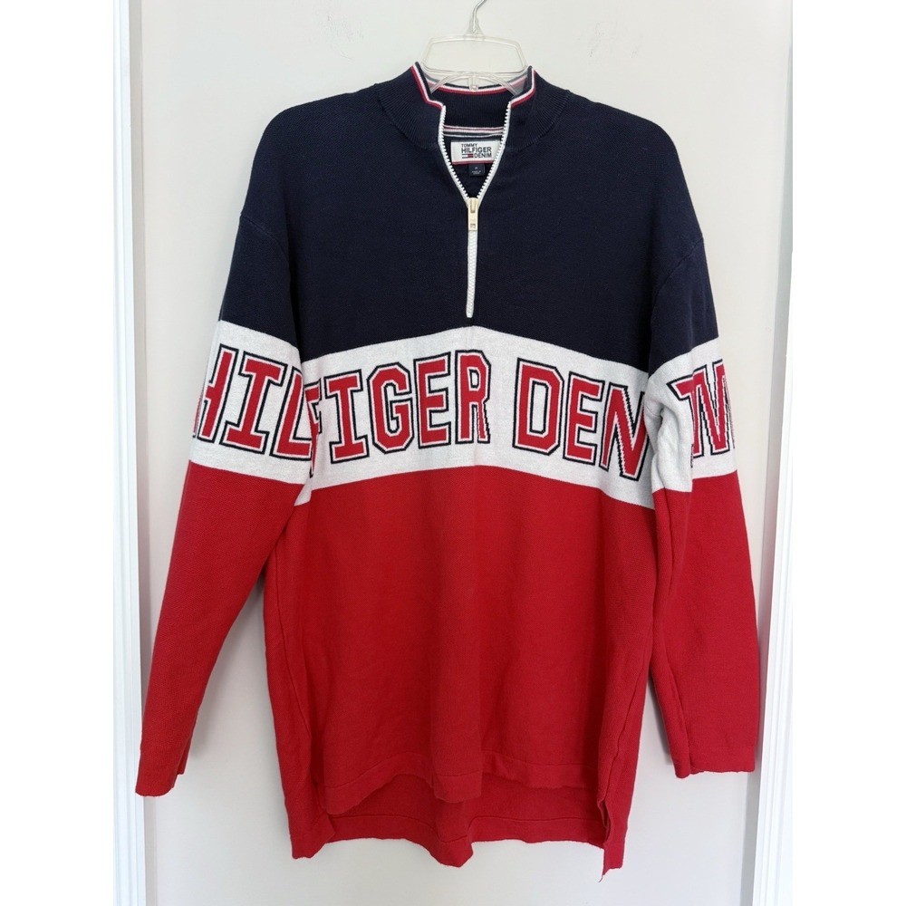 Y2K VTG Tommy Hilfiger 1/4 Zip Sweater Spellout Colorblock Sz M Red White Blue